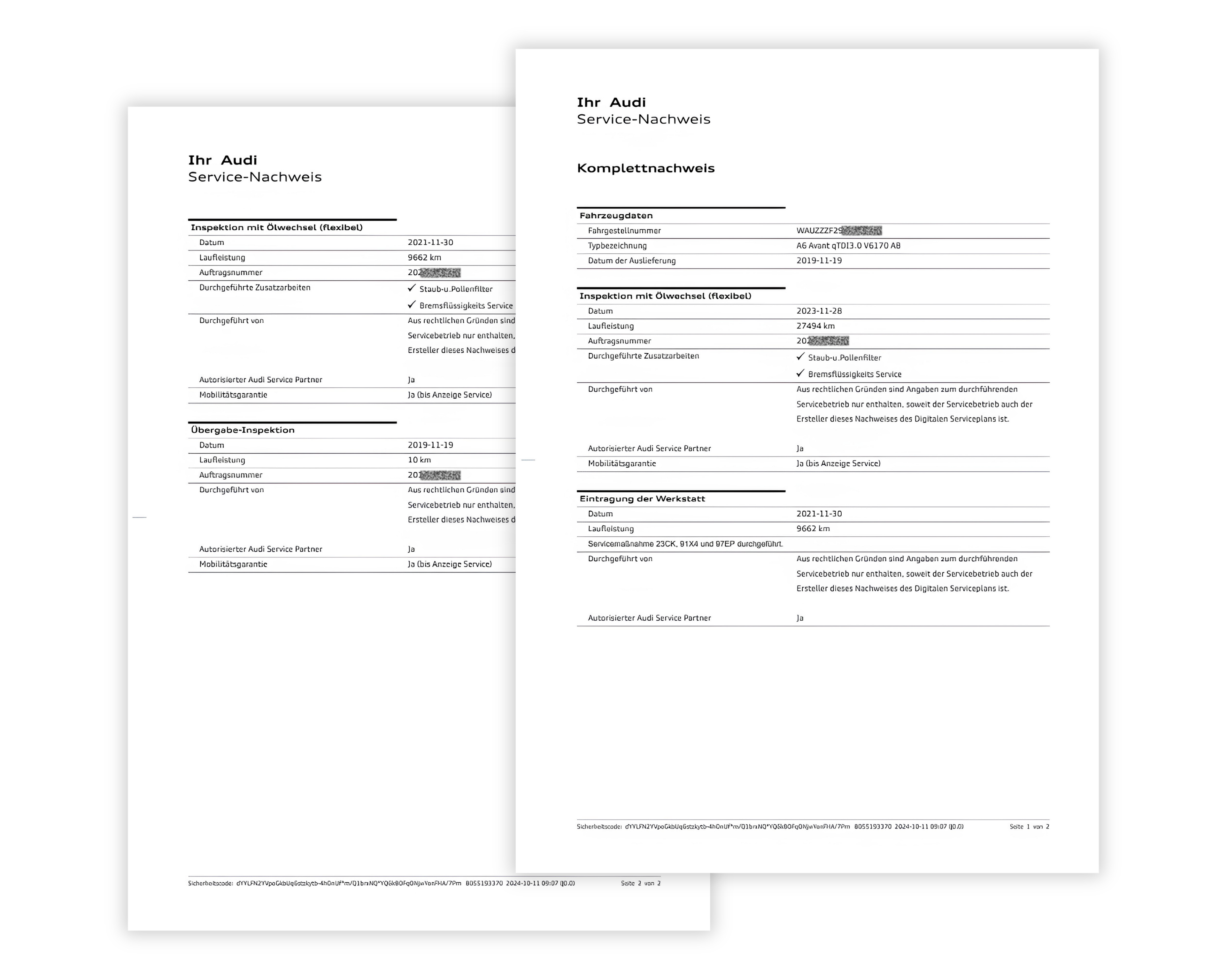 Screenshot einer Webseite mit dem Servicenachweis eines Fahrzeugs, mit Wartungshistorie für Audi, einschließlich Servicedaten, Kilometerstand und durchgeführten Arbeiten bei jedem Besuch.